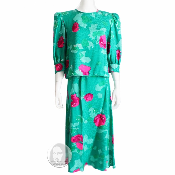 Flora Kung Blouse and Skirt 2pc Set Silk Abstract Floral Print Vintage 80s Sz 8 - Picture 1 of 10
